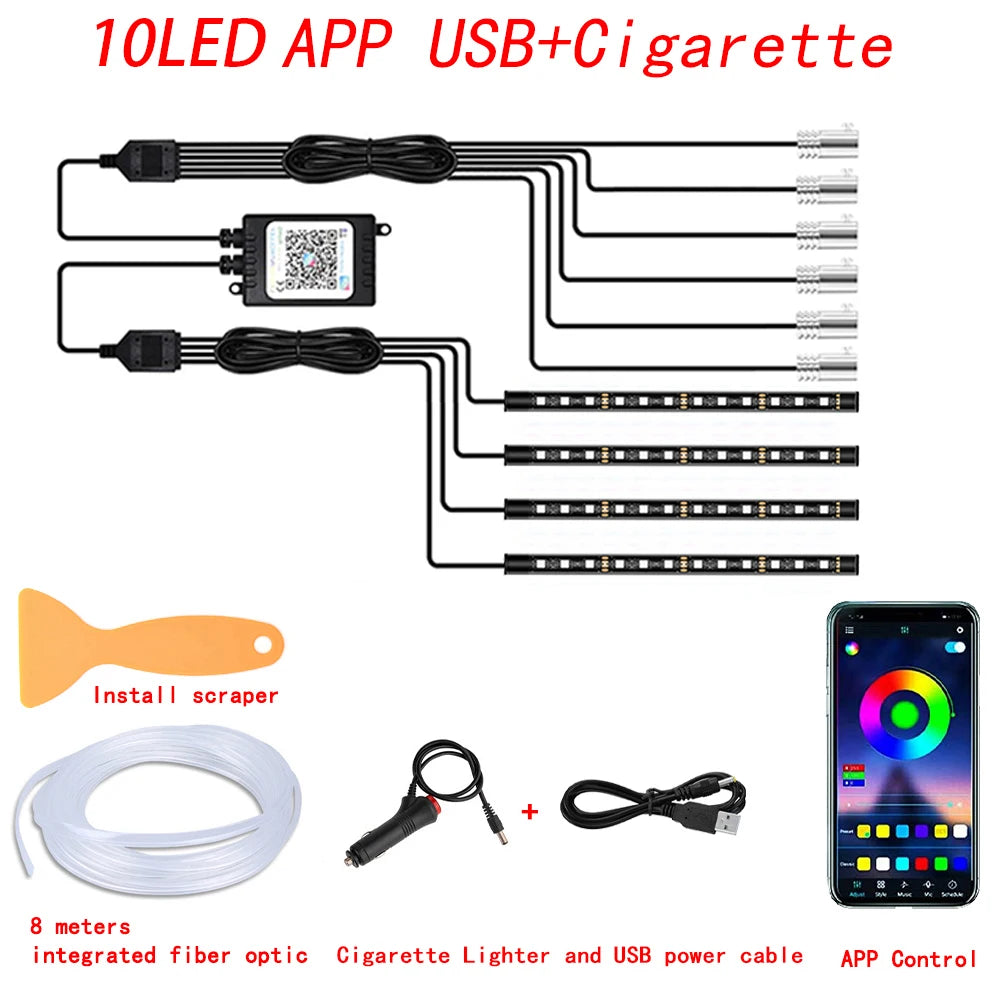 RGB LED Car Interior Ambient Lighting Kit – Fiber Optic Neon Strip Lights with App & Remote Control for Vehicle Interior Customization