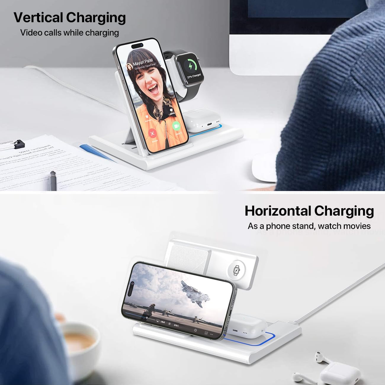 3-in-1 Foldable Wireless Charging Station for iPhone, Apple Watch, and AirPods – Fast Qi Charger, White**