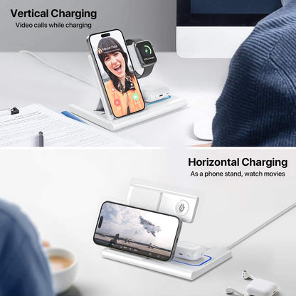 3-in-1 Foldable Wireless Charging Station for iPhone, Apple Watch, and AirPods – Fast Qi Charger, White**