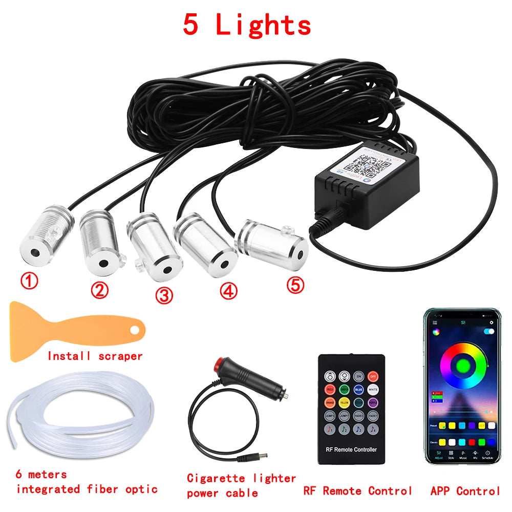 RGB LED Car Interior Ambient Lighting Kit – Fiber Optic Neon Strip Lights with App & Remote Control for Vehicle Interior Customization