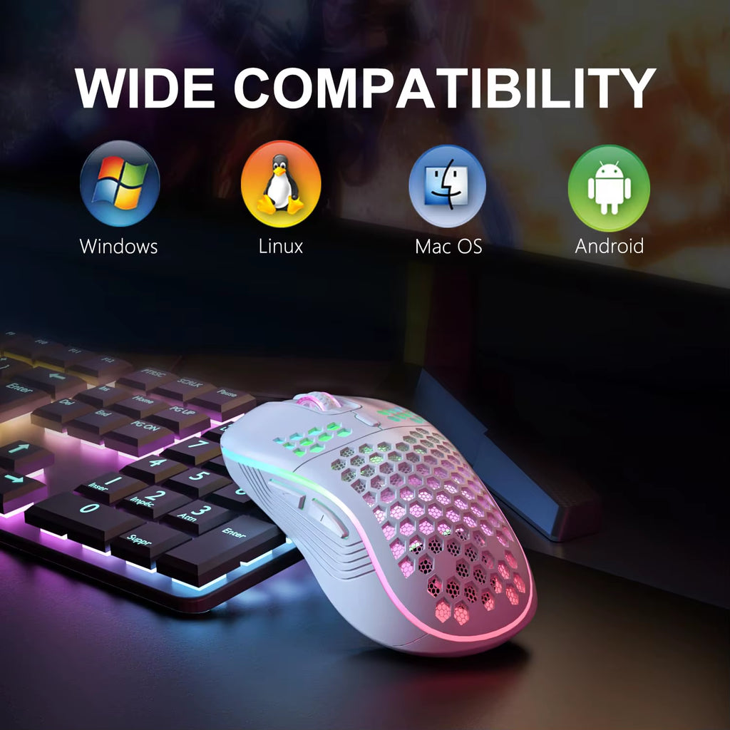 Rechargeable Wireless Gaming Mouse – RGB Backlit, 6-Button Ergonomic Honeycomb Design with Adjustable DPI and USB-C Charging