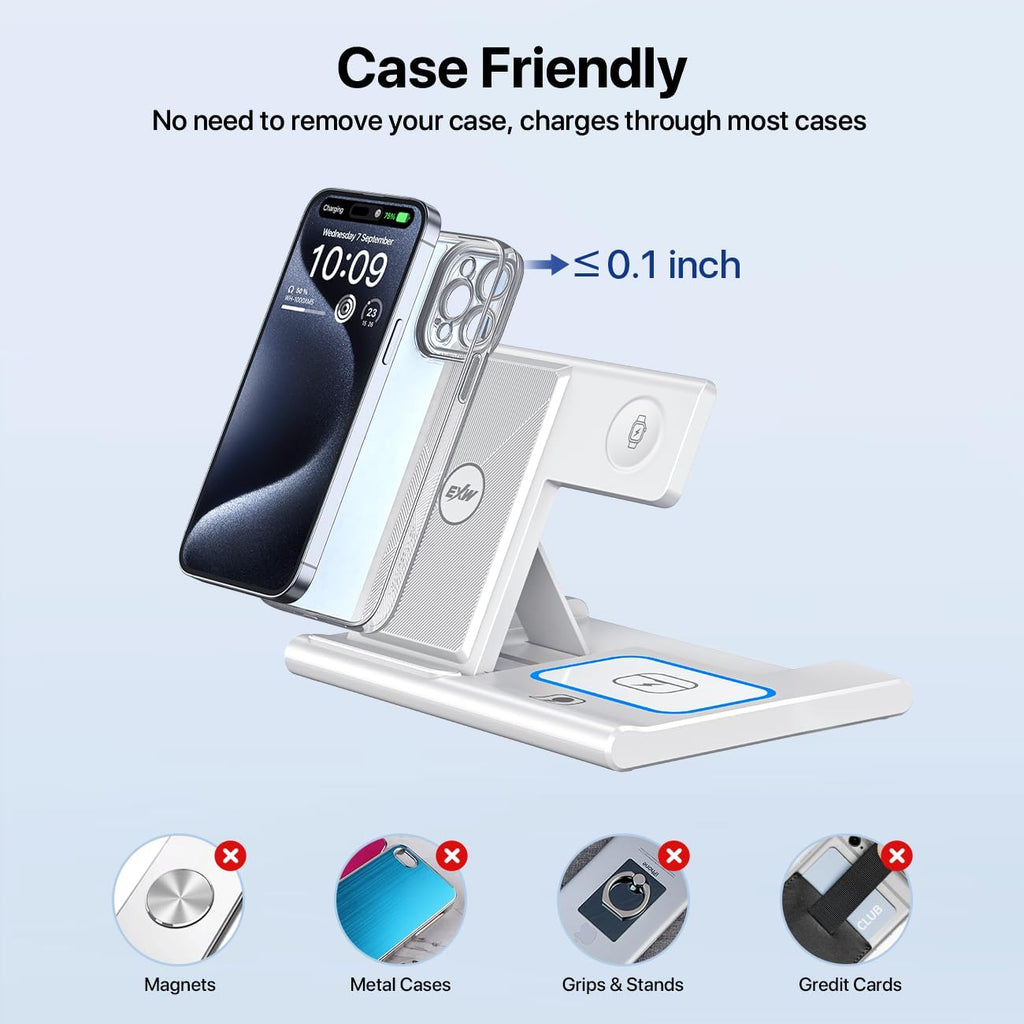 3-in-1 Foldable Wireless Charging Station for iPhone, Apple Watch, and AirPods – Fast Qi Charger, White**
