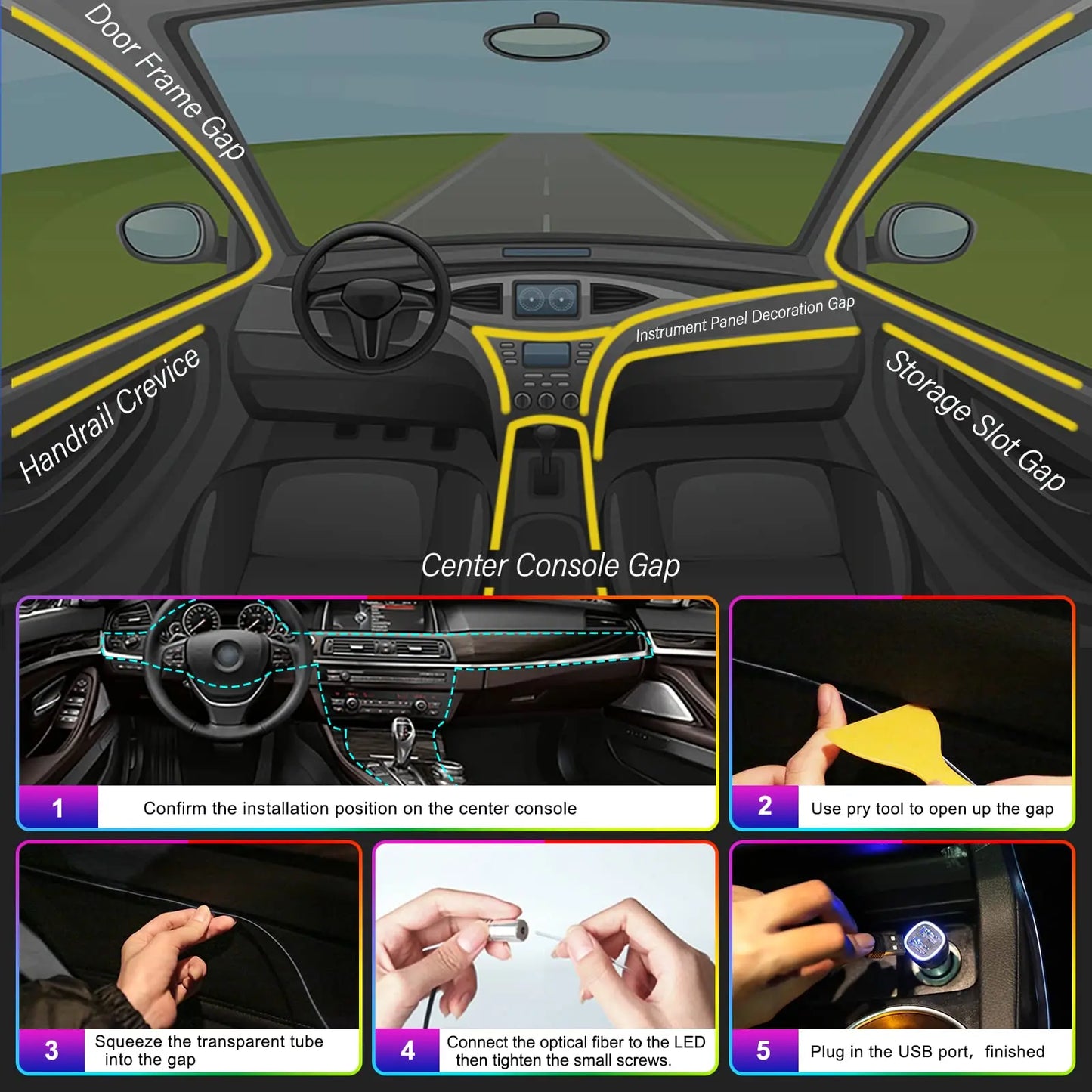 RGB LED Car Interior Ambient Lighting Kit – Fiber Optic Neon Strip Lights with App & Remote Control for Vehicle Interior Customization