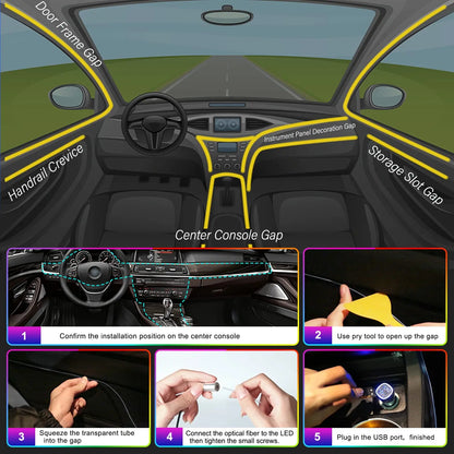 RGB LED Car Interior Ambient Lighting Kit – Fiber Optic Neon Strip Lights with App & Remote Control for Vehicle Interior Customization