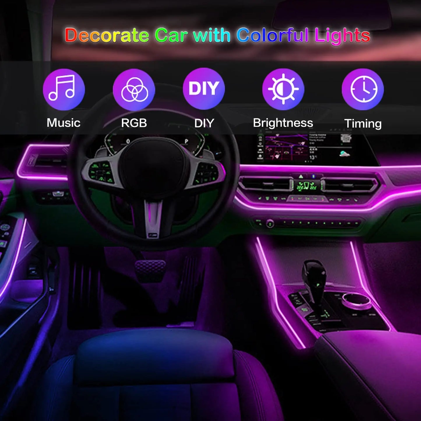 RGB LED Car Interior Ambient Lighting Kit – Fiber Optic Neon Strip Lights with App & Remote Control for Vehicle Interior Customization