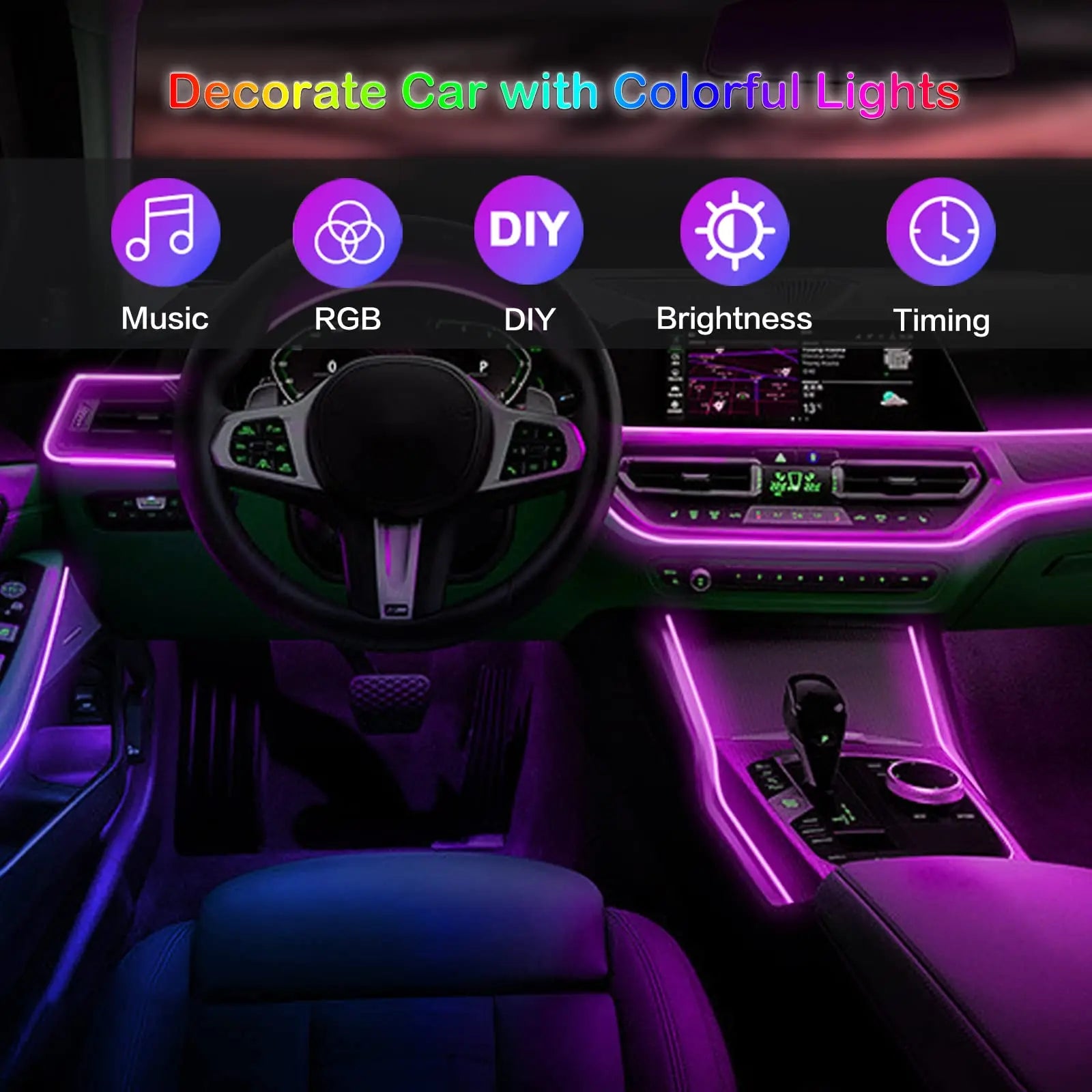 RGB LED Car Interior Ambient Lighting Kit – Fiber Optic Neon Strip Lights with App & Remote Control for Vehicle Interior Customization