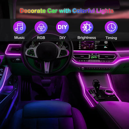 RGB LED Car Interior Ambient Lighting Kit – Fiber Optic Neon Strip Lights with App & Remote Control for Vehicle Interior Customization