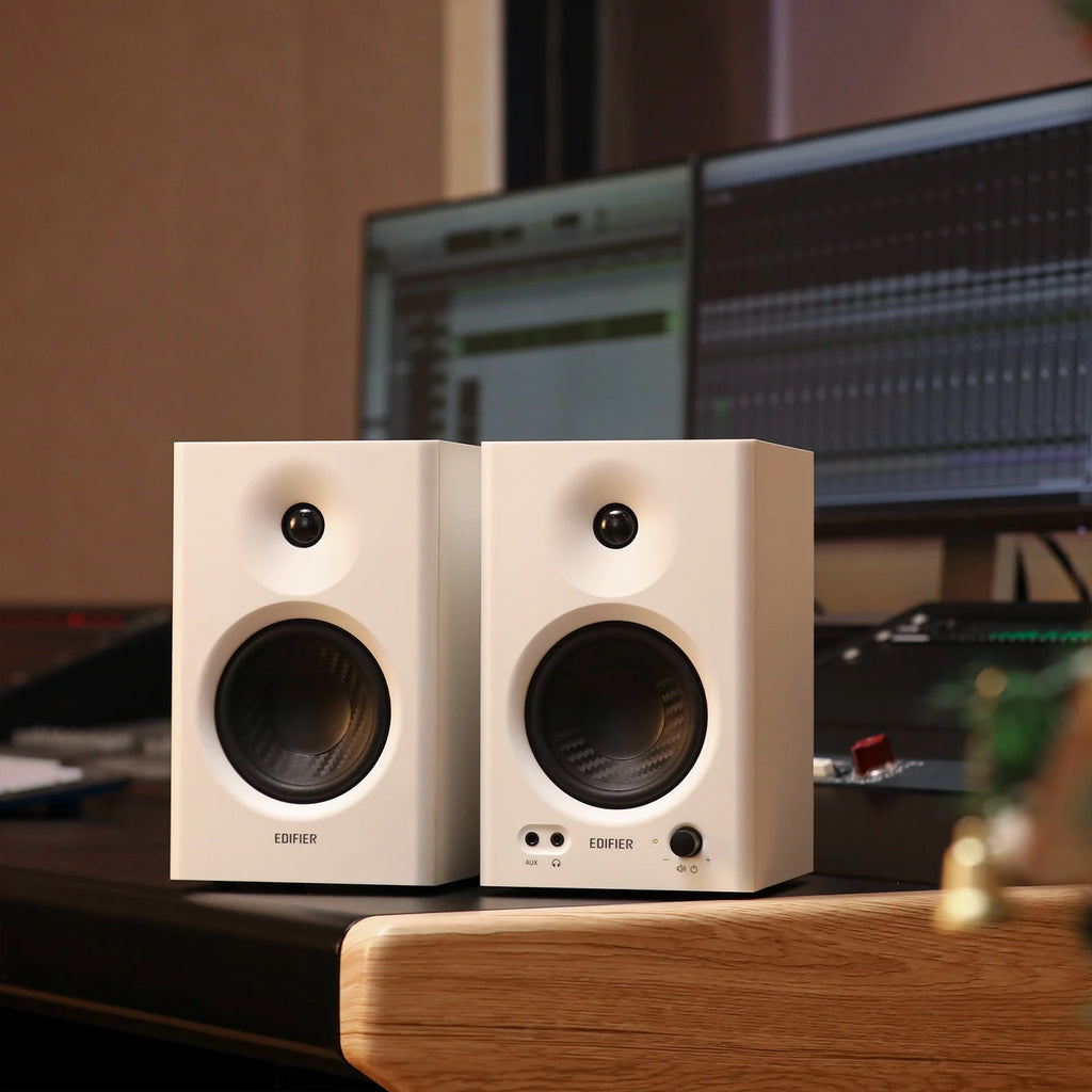 MR4 Powered Studio Monitor Speakers – 4" Active Near-Field Monitor Speakers for Music Production, Gaming & Home Audio (White, Pair)