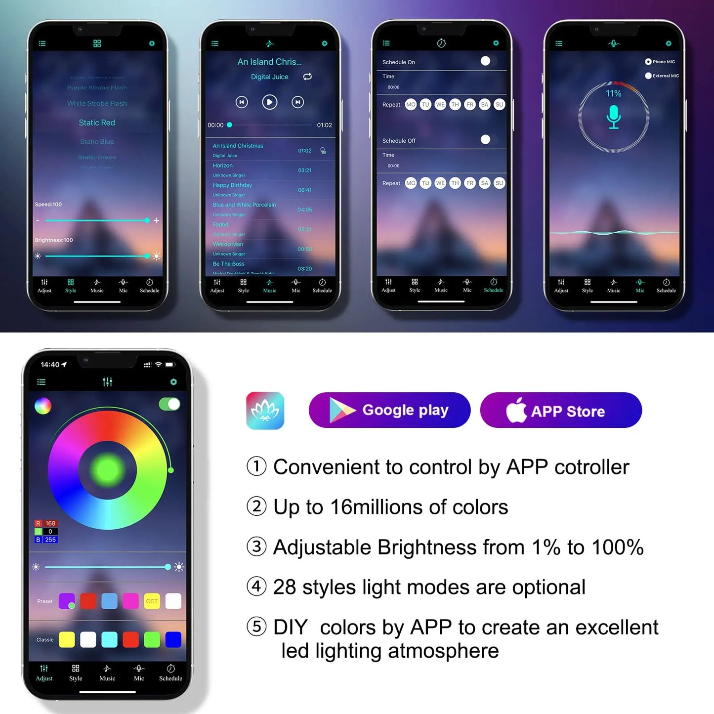 RGB LED Car Interior Ambient Lighting Kit – Fiber Optic Neon Strip Lights with App & Remote Control for Vehicle Interior Customization