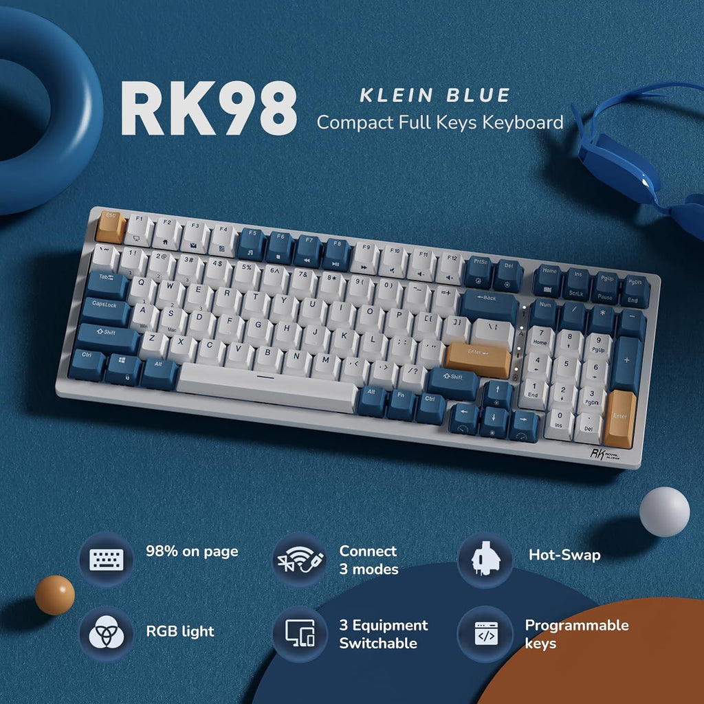 **Title:**  RK ROYAL KLUDGE RK98 Wireless Mechanical Keyboard – 98% Layout, Hot-Swappable, Tri-Mode Connectivity, RGB Backlit with Brown Switches and Numpad