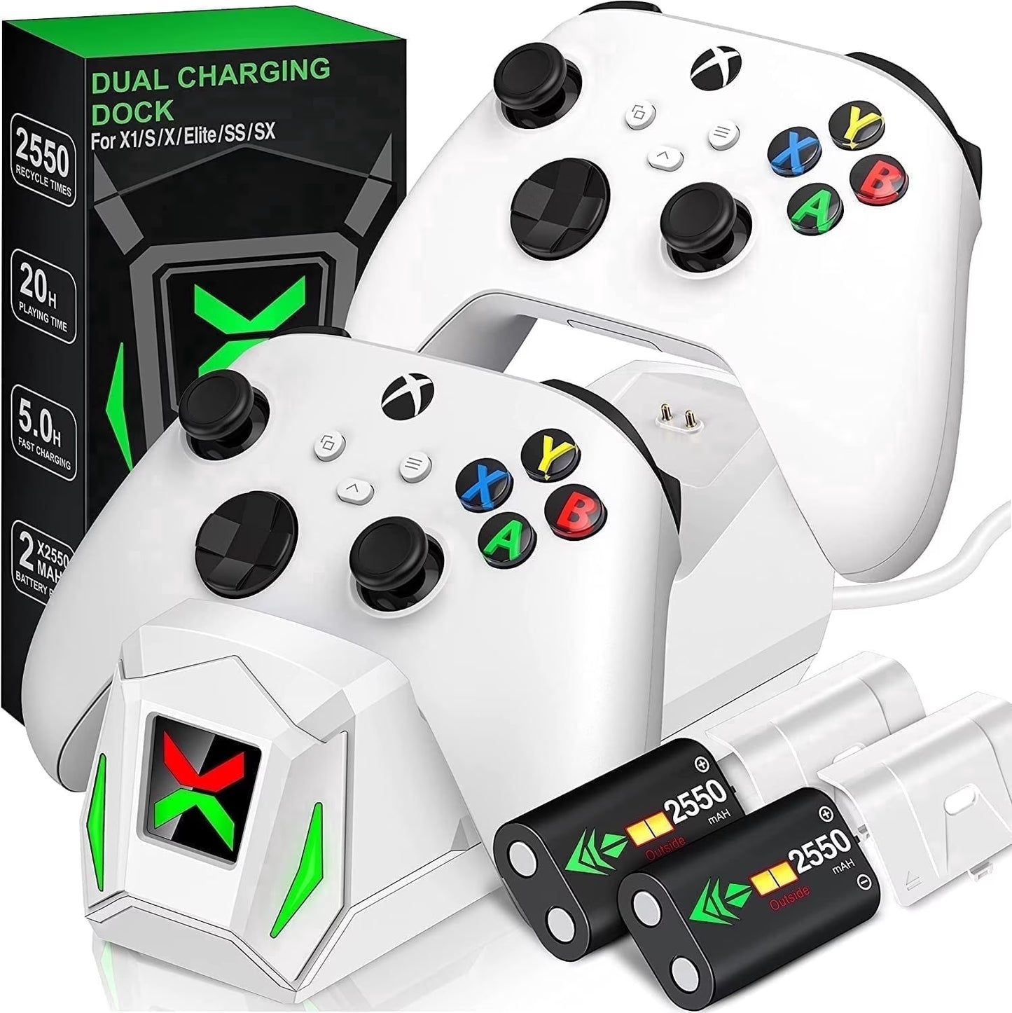 Dual Xbox Controller Charging Station with 2 Rechargeable Battery Packs – Compatible with Xbox Series X|S, Xbox One, and Elite Controllers