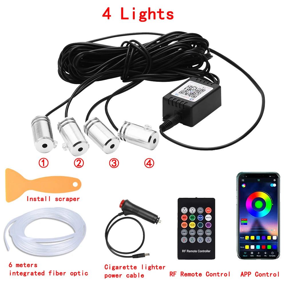 RGB LED Car Interior Ambient Lighting Kit – Fiber Optic Neon Strip Lights with App & Remote Control for Vehicle Interior Customization