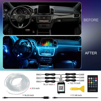 RGB LED Car Interior Ambient Lighting Kit – Fiber Optic Neon Strip Lights with App & Remote Control for Vehicle Interior Customization