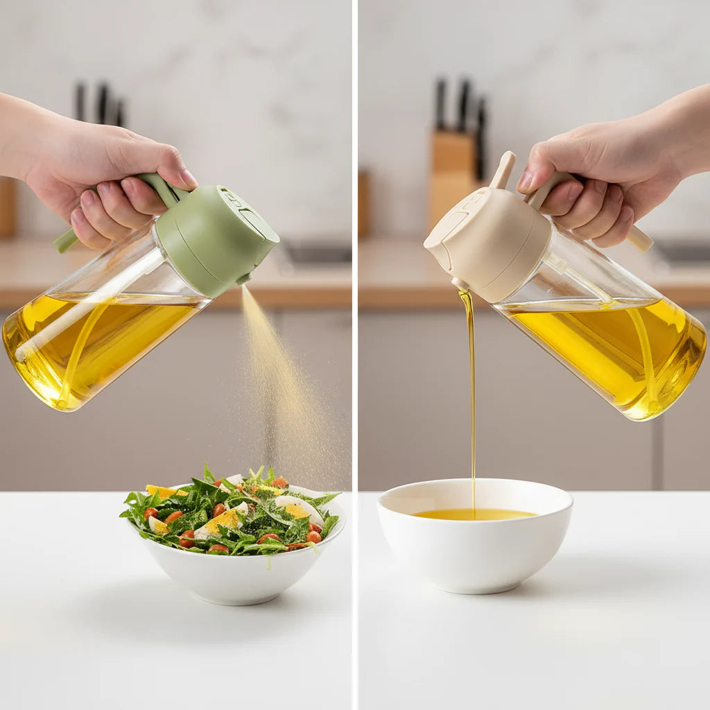 2-in-1 Oil Dispenser Bottle with Built-In Measuring Cup – Easy Measure & Pour, No-Drip Design