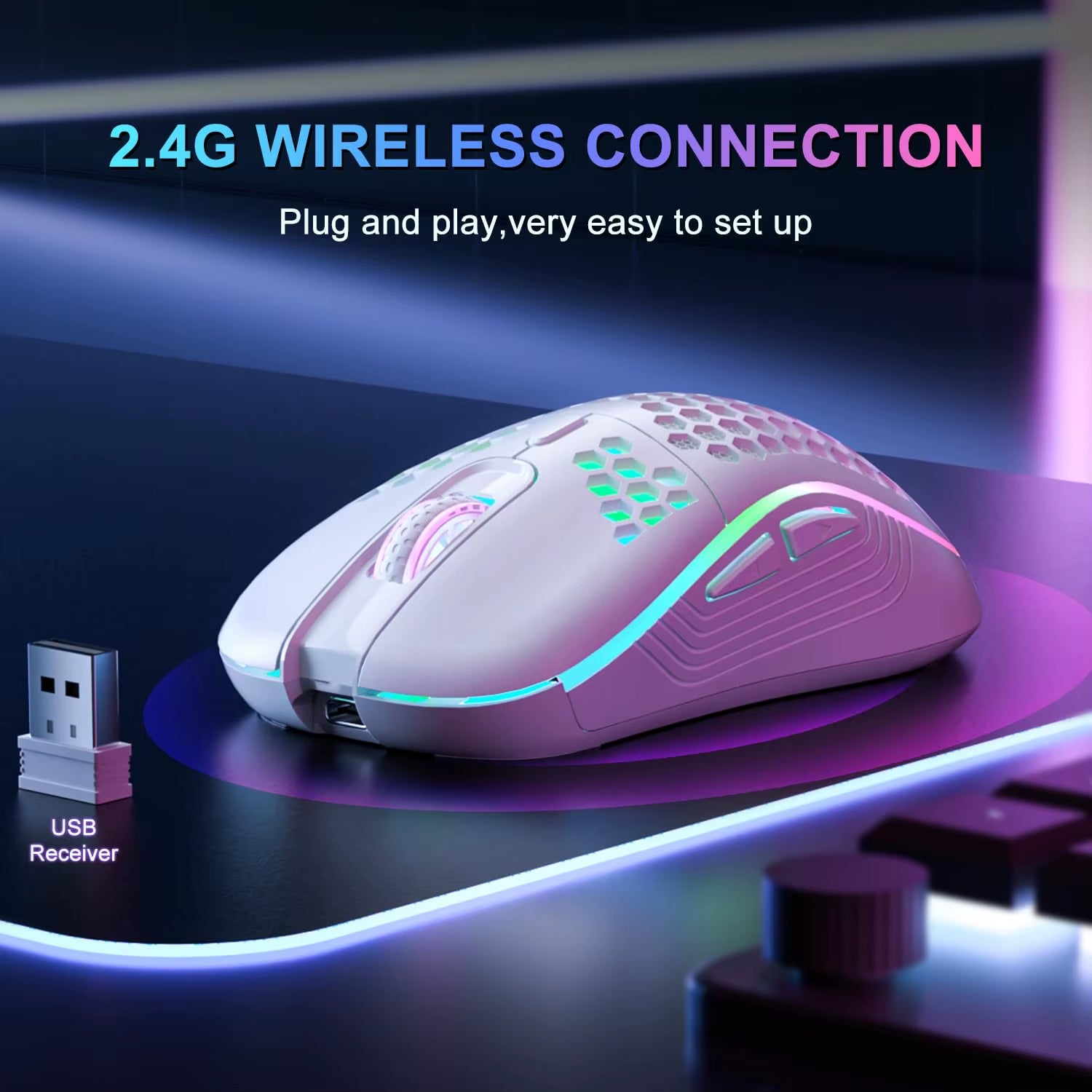 Rechargeable Wireless Gaming Mouse – RGB Backlit, 6-Button Ergonomic Honeycomb Design with Adjustable DPI and USB-C Charging