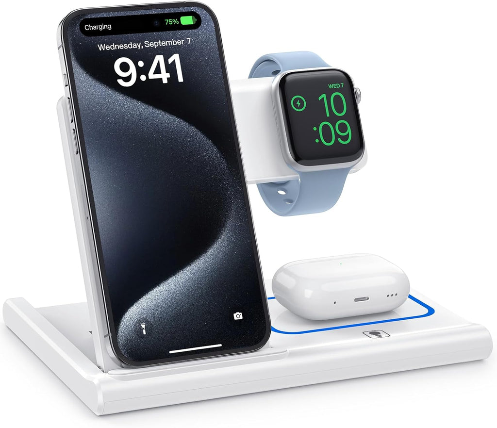 3-in-1 Foldable Wireless Charging Station for iPhone, Apple Watch, and AirPods – Fast Qi Charger, White**