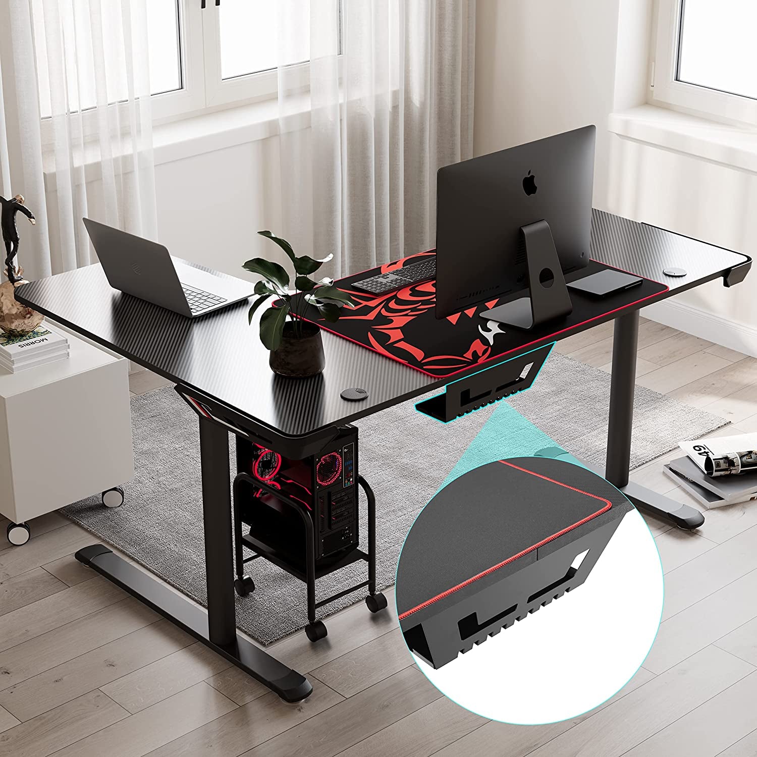 L-Shaped Gaming Desk – 60-Inch Corner Computer Desk with Mouse Pad & Cable Management