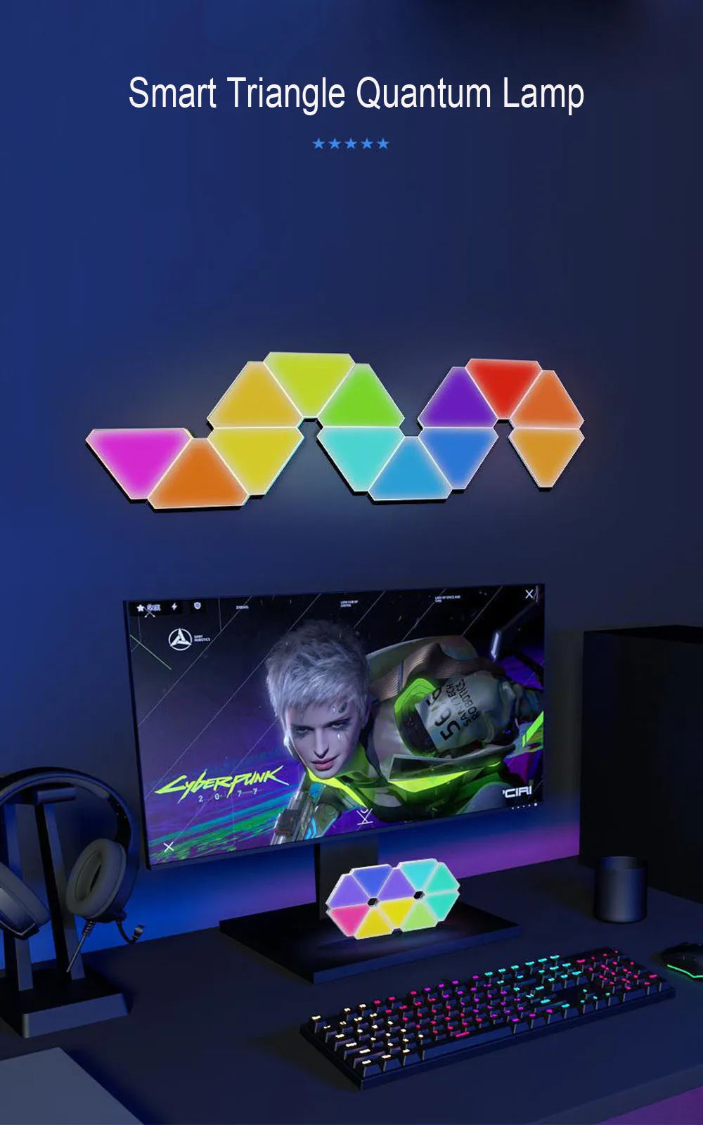 LED Triangular Quantum Lamp RGB Wall Lamp Smart Pickup Rhythm Background Light for Bedroom Bedside Night Light Office Decoration