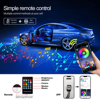 RGB LED Car Interior Ambient Lighting Kit – Fiber Optic Neon Strip Lights with App & Remote Control for Vehicle Interior Customization