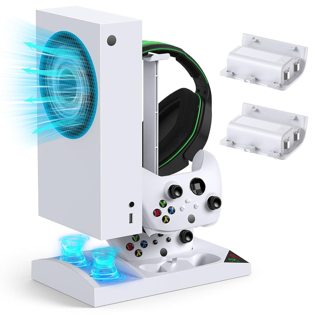 Xbox Series S Cooling Fan & Dual Controller Charging Station – Console Stand with Rechargeable Batteries, Headset Holder, and Storage Accessories