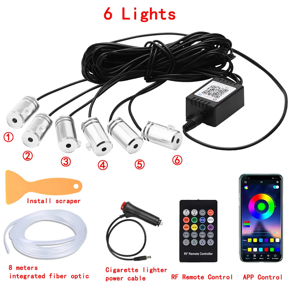 RGB LED Car Interior Ambient Lighting Kit – Fiber Optic Neon Strip Lights with App & Remote Control for Vehicle Interior Customization