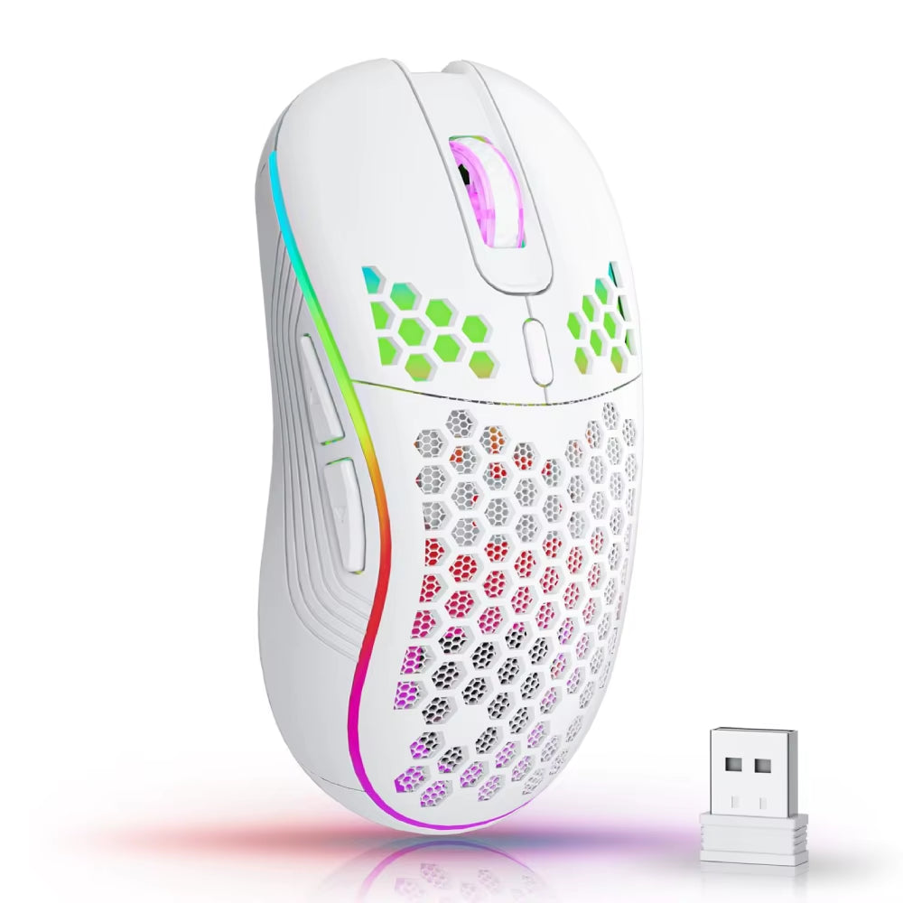 Rechargeable Wireless Gaming Mouse – RGB Backlit, 6-Button Ergonomic Honeycomb Design with Adjustable DPI and USB-C Charging