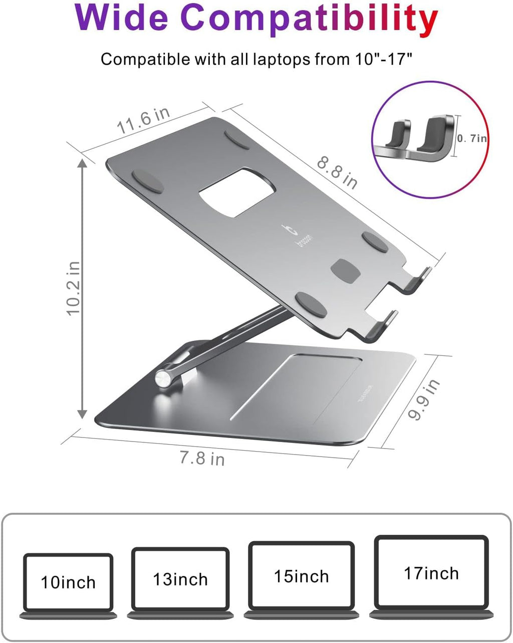 Adjustable Aluminum Laptop Stand for Desk – Ergonomic Laptop Riser with Heat Ventilation for 10–17 Inch Laptops, Space Gray