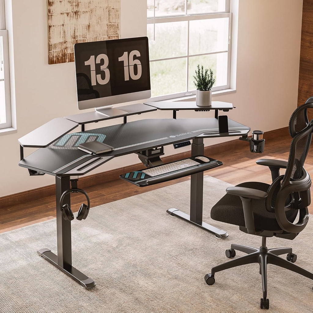 72-Inch Wing-Shaped Gaming & Music Studio Desk with Keyboard Tray, LED Shelves, and Cable Management Design