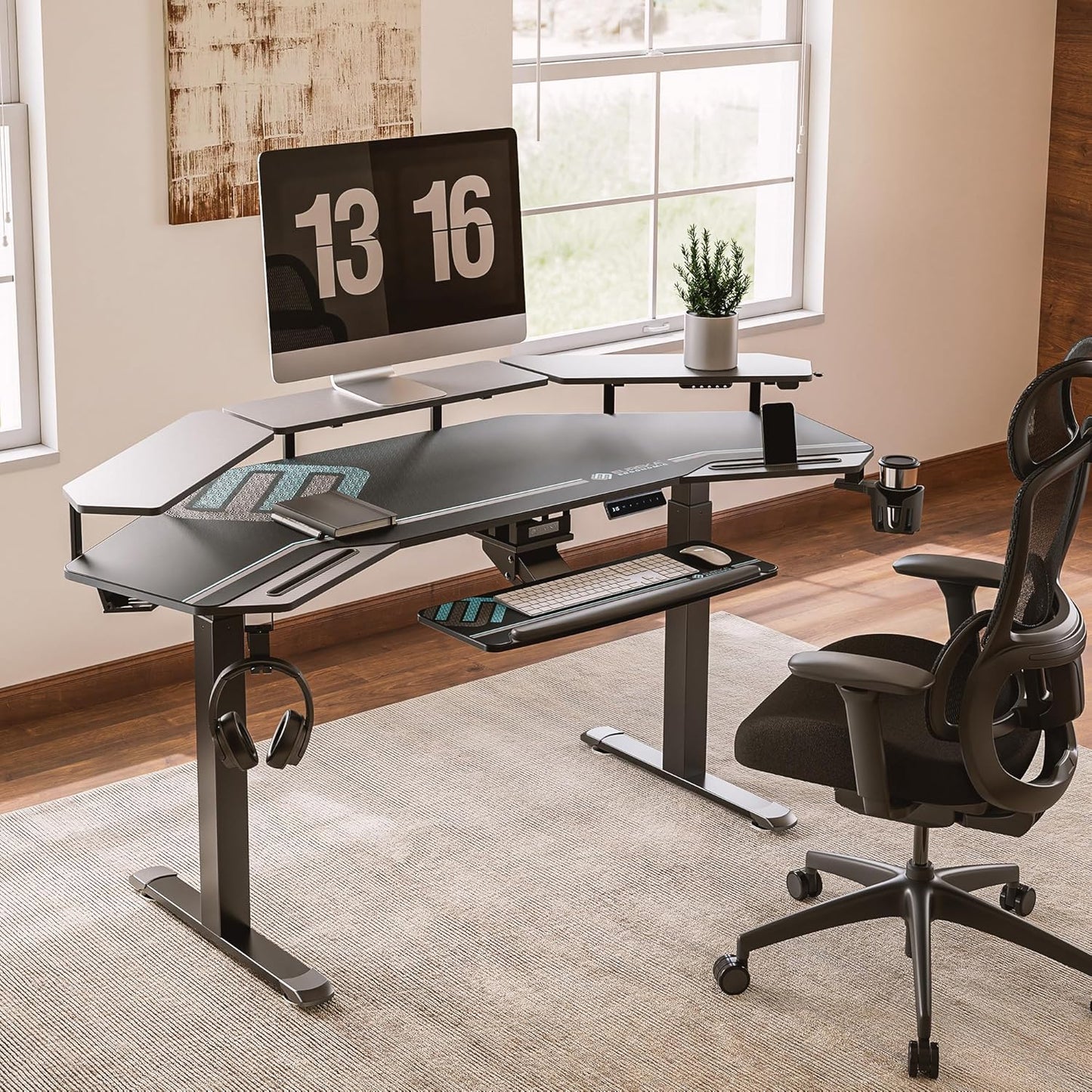 72-Inch Wing-Shaped Gaming & Music Studio Desk with Keyboard Tray, LED Shelves, and Cable Management Design