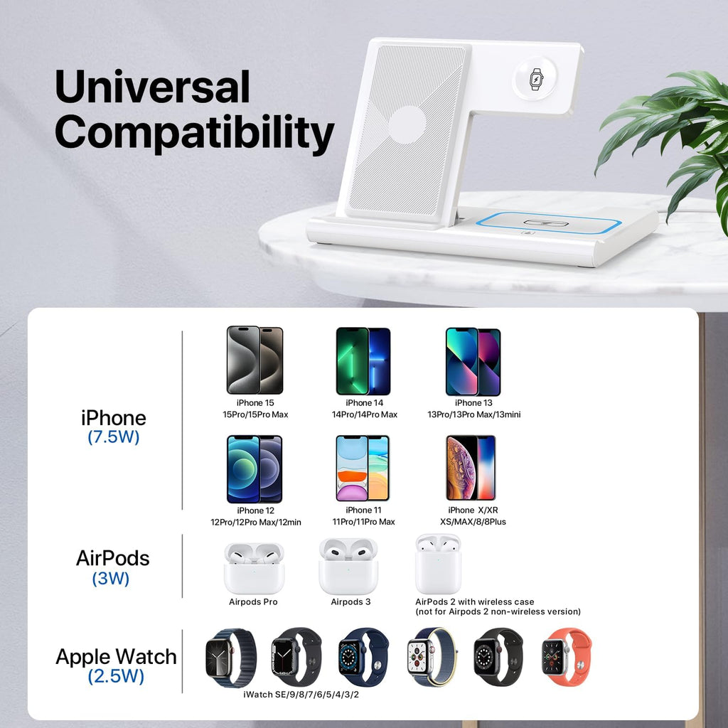 3-in-1 Foldable Wireless Charging Station for iPhone, Apple Watch, and AirPods – Fast Qi Charger, White**