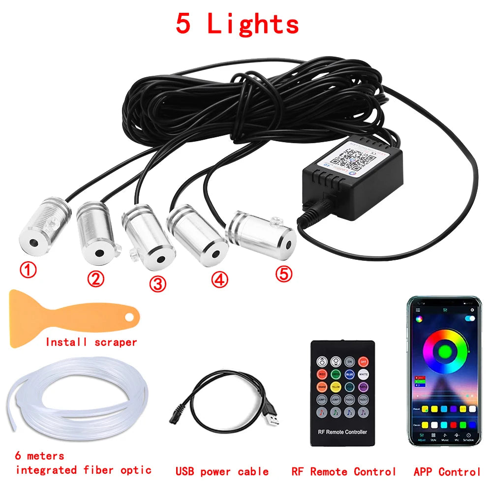 RGB LED Car Interior Ambient Lighting Kit – Fiber Optic Neon Strip Lights with App & Remote Control for Vehicle Interior Customization