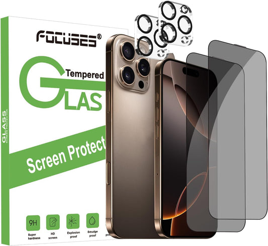 iPhone 16 Pro Privacy Screen Protector & Camera Lens Protector Set – 2 Pack Anti-Spy Tempered Glass + 2 Pack Lens Protectors (6.3")