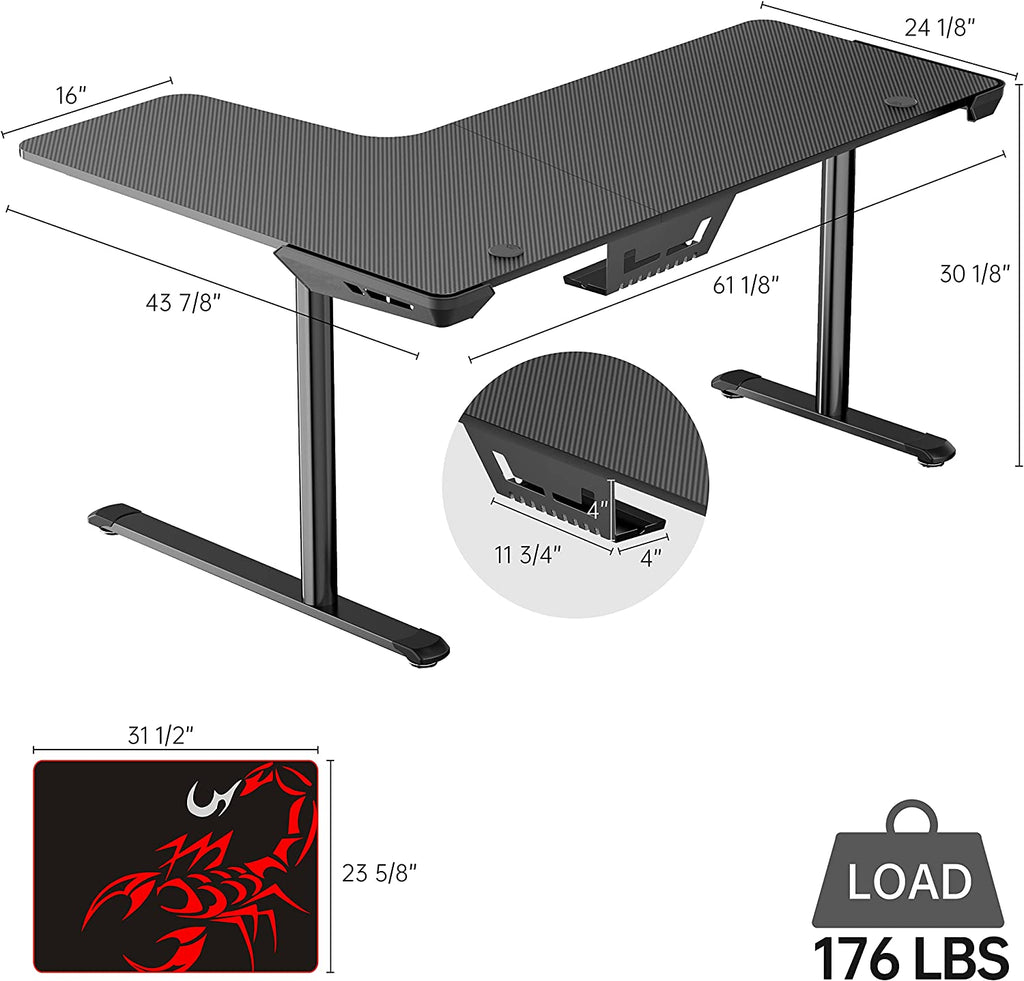 L-Shaped Gaming Desk – 60-Inch Corner Computer Desk with Mouse Pad & Cable Management