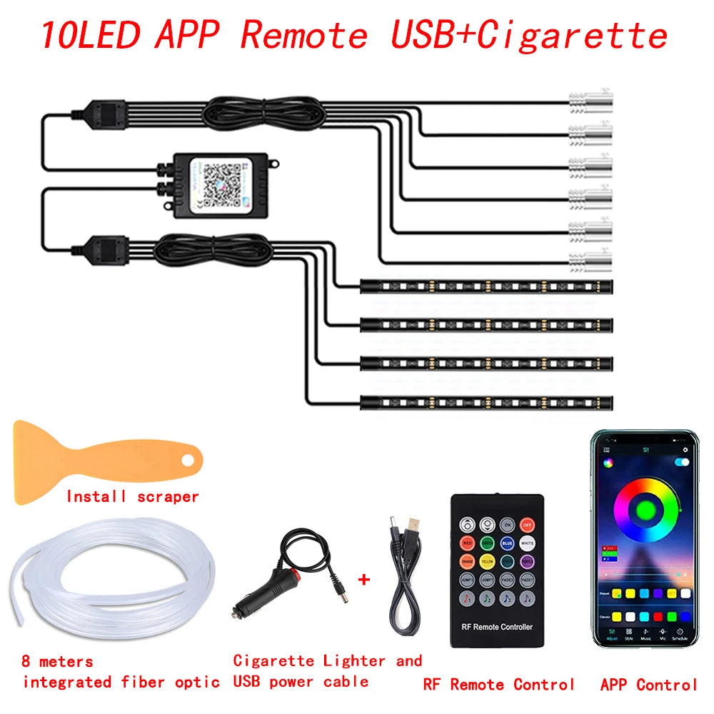 RGB LED Car Interior Ambient Lighting Kit – Fiber Optic Neon Strip Lights with App & Remote Control for Vehicle Interior Customization