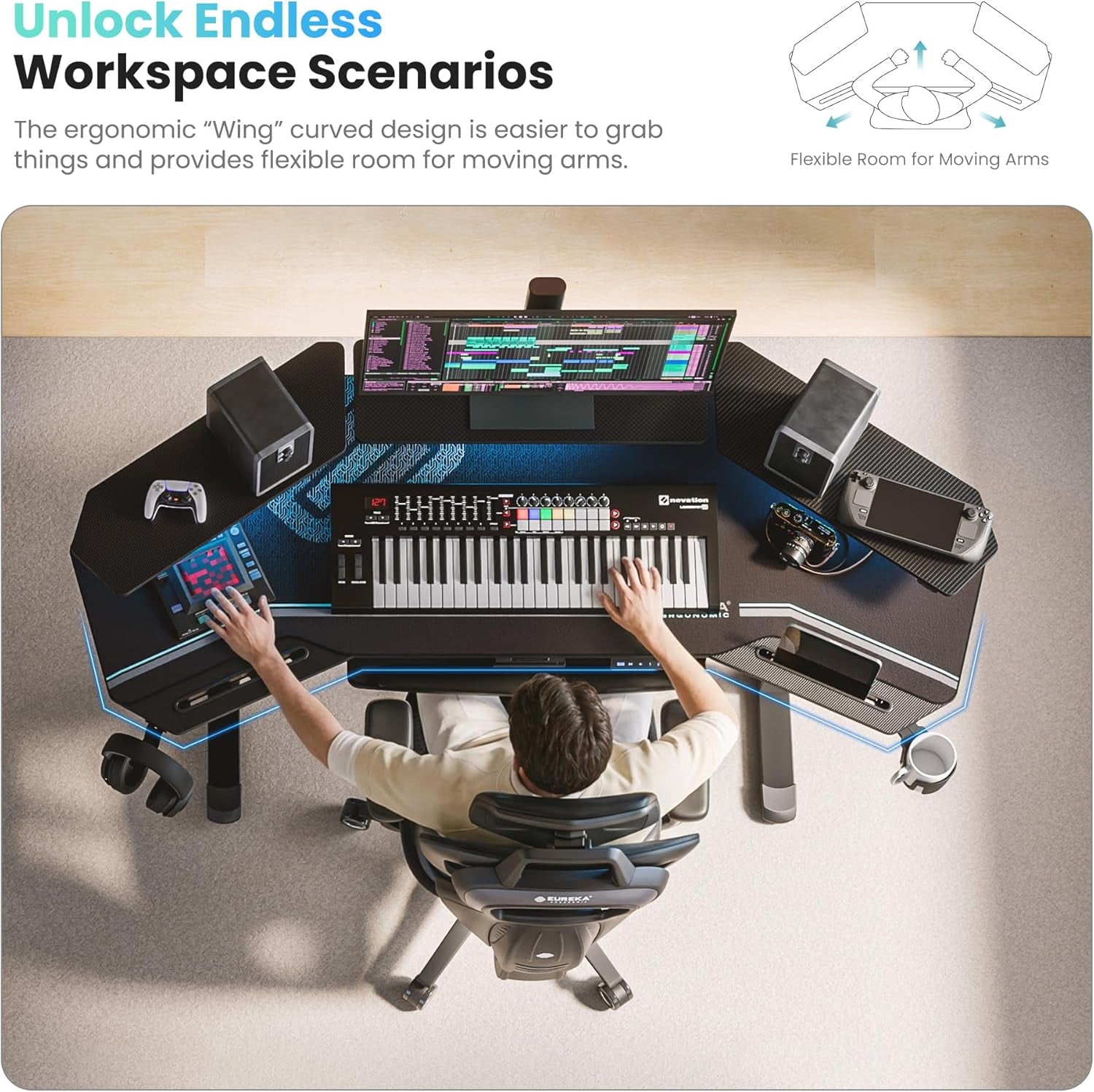 72-Inch Wing-Shaped Gaming & Music Studio Desk with Keyboard Tray, LED Shelves, and Cable Management Design