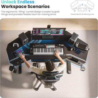 72-Inch Wing-Shaped Gaming & Music Studio Desk with Keyboard Tray, LED Shelves, and Cable Management Design