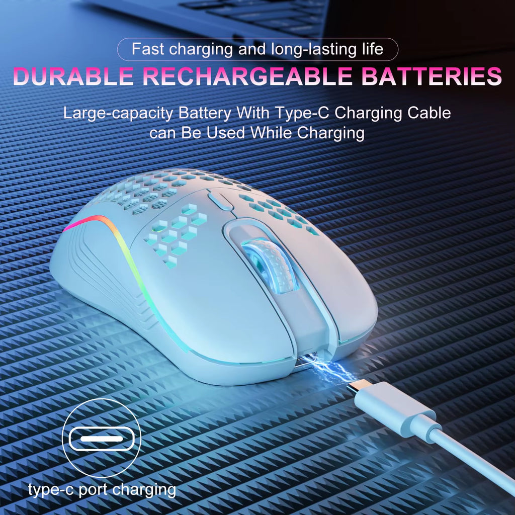 Rechargeable Wireless Gaming Mouse – RGB Backlit, 6-Button Ergonomic Honeycomb Design with Adjustable DPI and USB-C Charging
