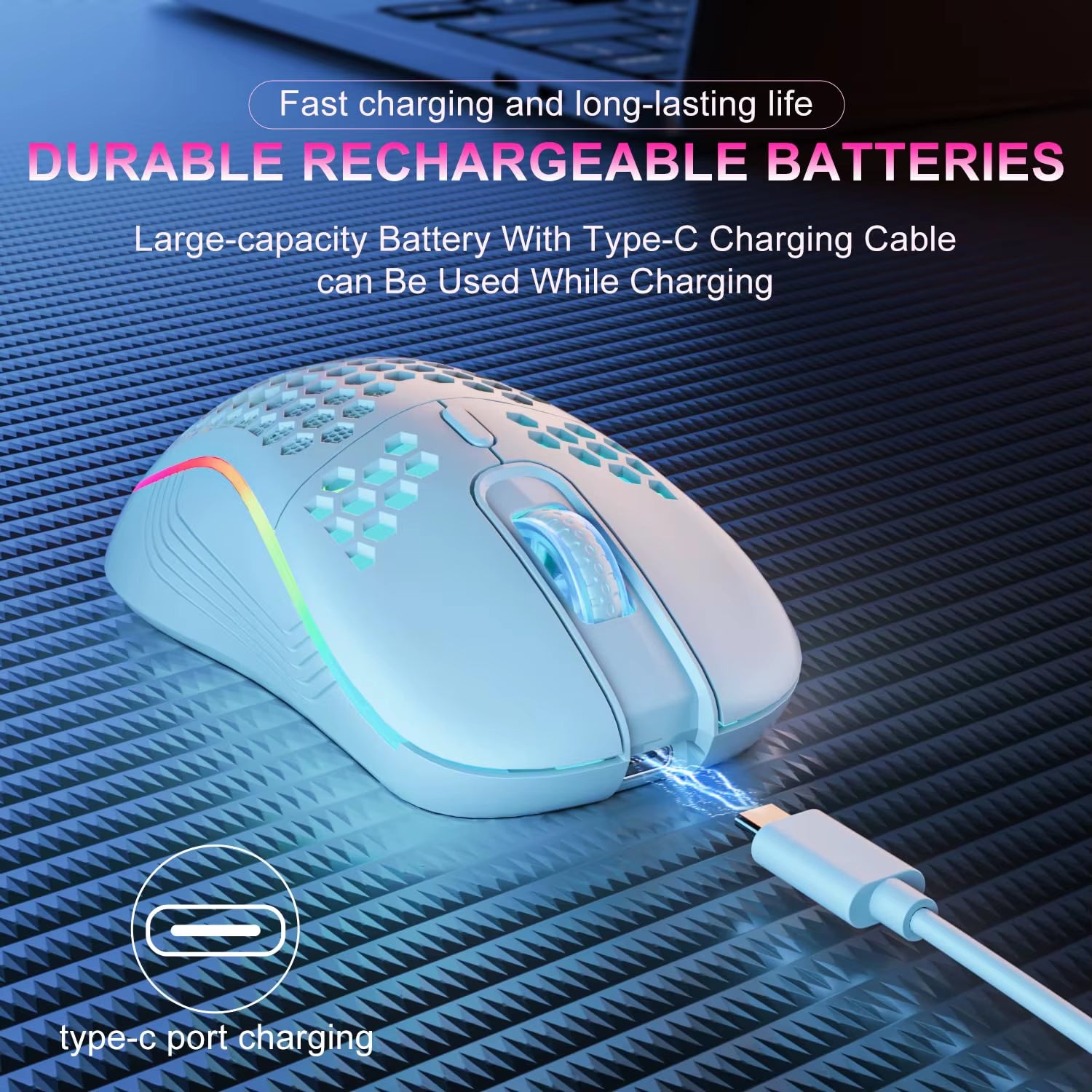 Rechargeable Wireless Gaming Mouse – RGB Backlit, 6-Button Ergonomic Honeycomb Design with Adjustable DPI and USB-C Charging