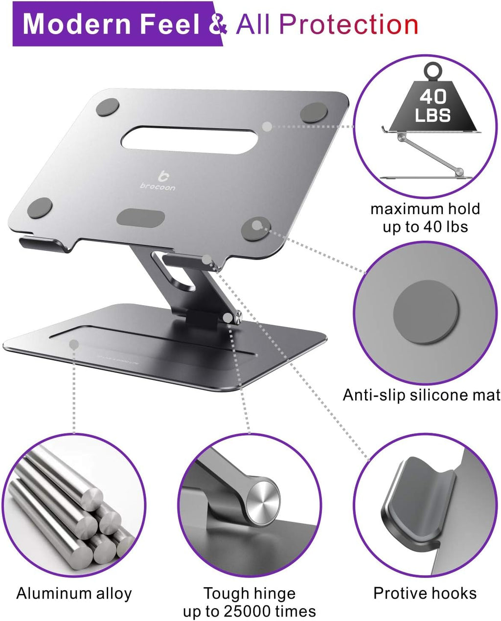 Adjustable Aluminum Laptop Stand for Desk – Ergonomic Laptop Riser with Heat Ventilation for 10–17 Inch Laptops, Space Gray