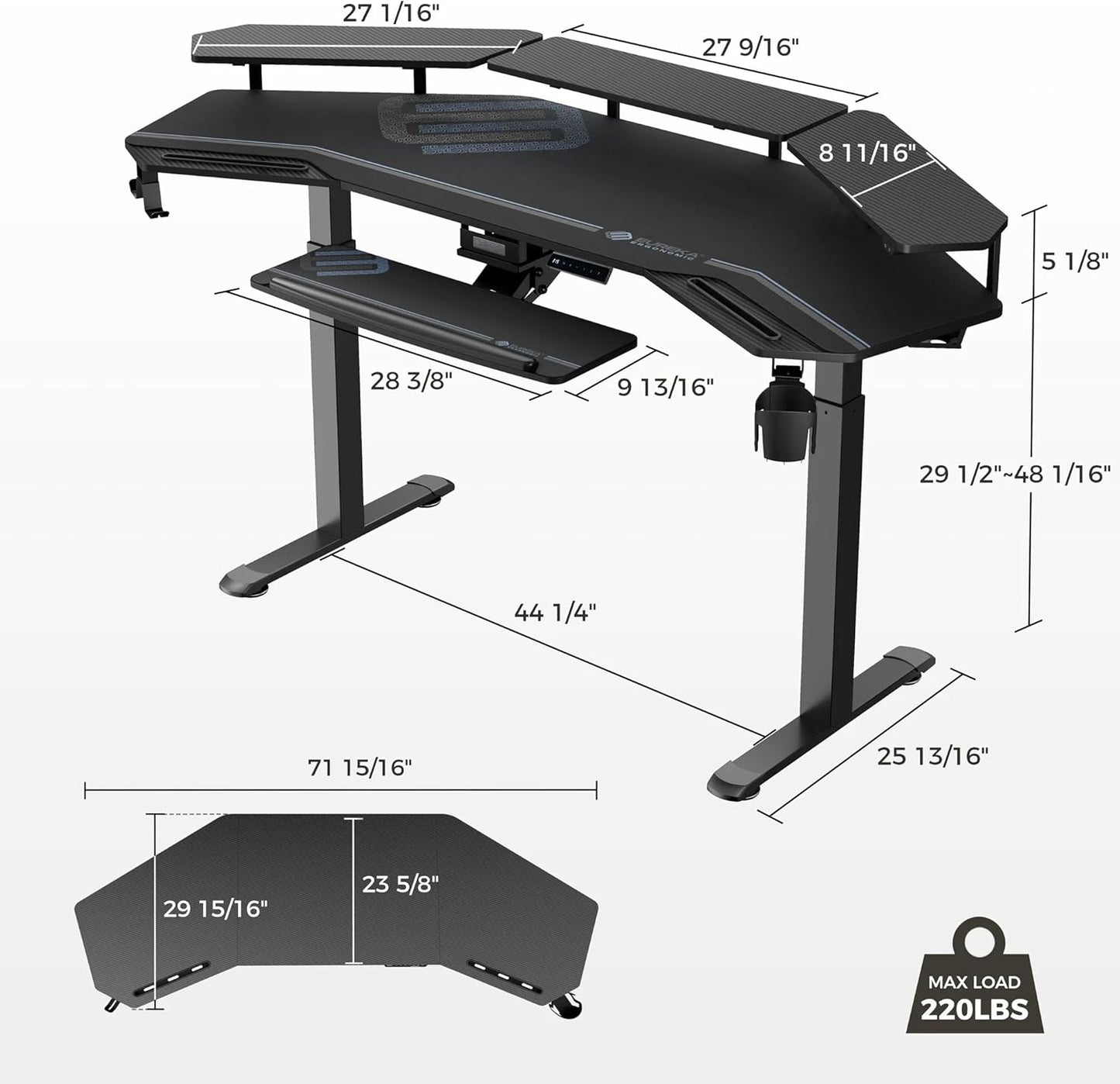 72-Inch Wing-Shaped Gaming & Music Studio Desk with Keyboard Tray, LED Shelves, and Cable Management Design