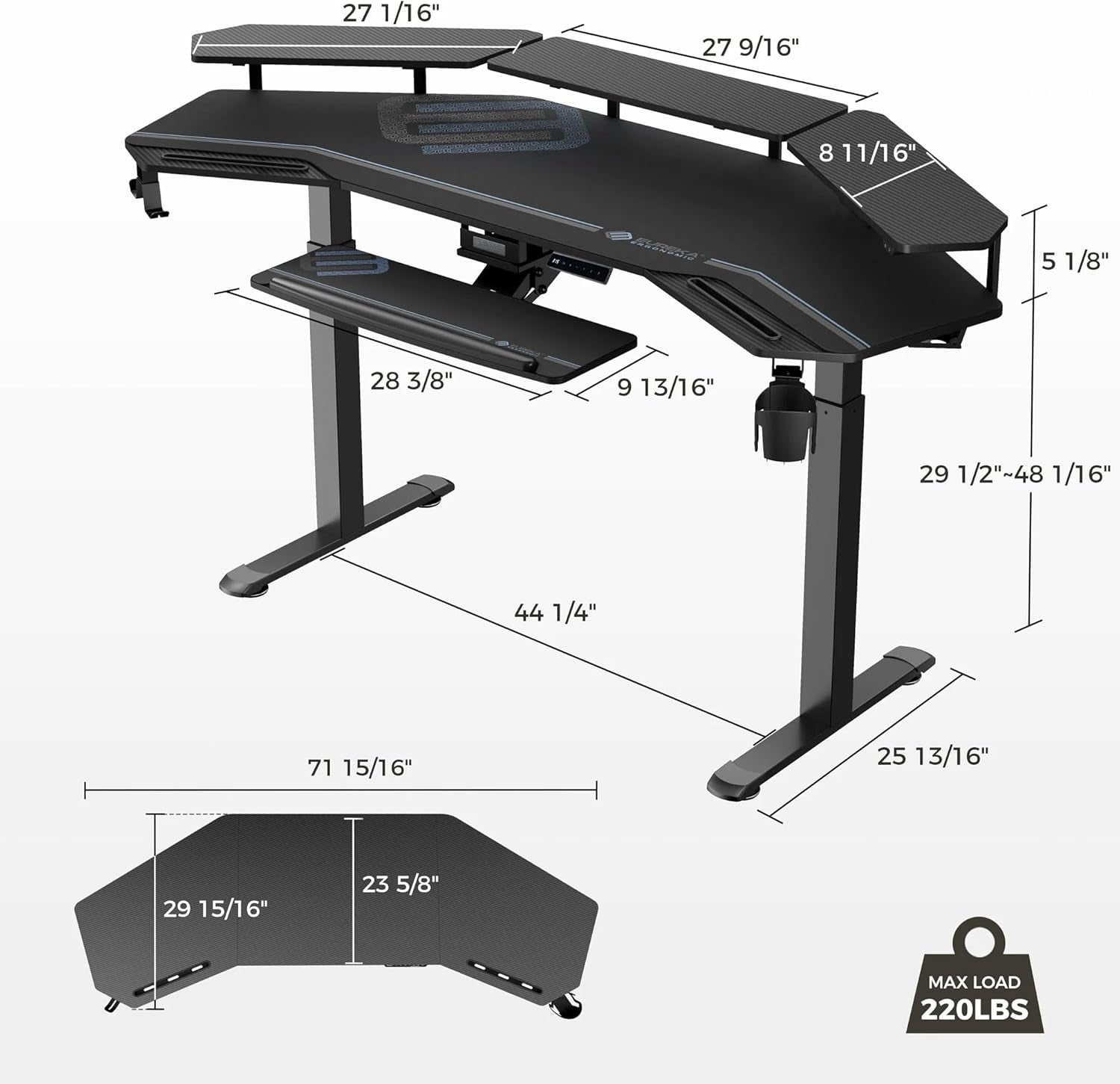 72-Inch Wing-Shaped Gaming & Music Studio Desk with Keyboard Tray, LED Shelves, and Cable Management Design