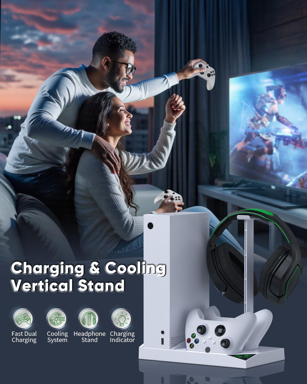 Xbox Series S Cooling Fan & Dual Controller Charging Station – Console Stand with Rechargeable Batteries, Headset Holder, and Storage Accessories